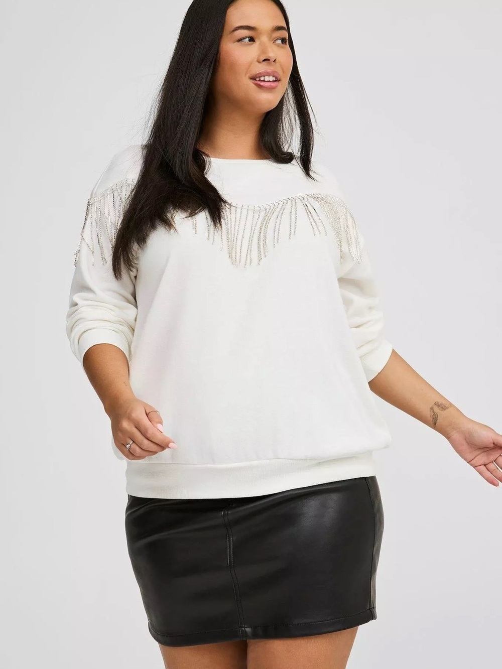 TORRID Drop Shoulder Rhinestone Fringe Sweatshirt